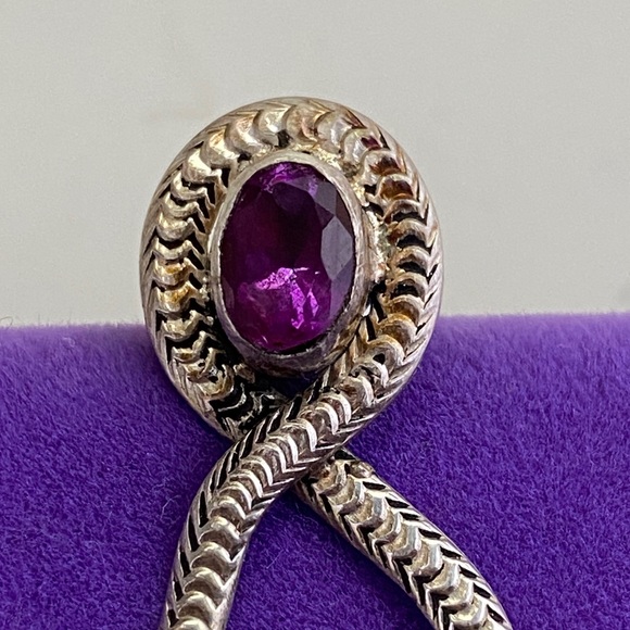 💛 Vintage 925 Silver Snake Earrings with Purple Amethyst Gemstone - Picture 3 of 7